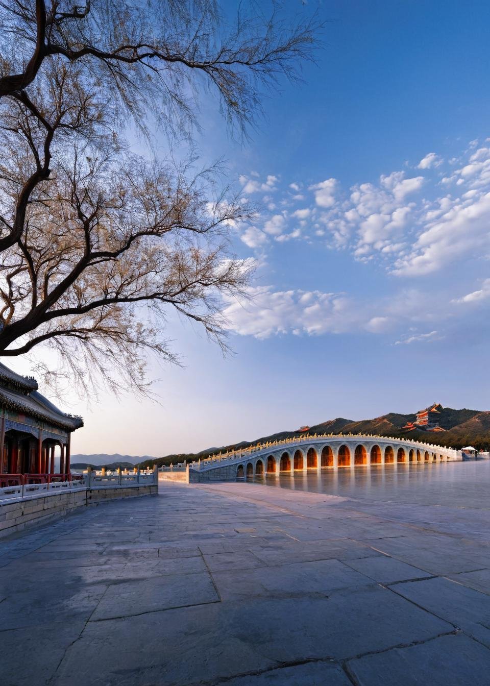 <lora:颐和园:1>,The Summer Palace, scenery, no humans, sky, outdoors, cloud, architecture, building, tree, east asian architecture, water, blue sky, cloudy sky, city, bridge, sunset, cityscape, day, signature, mountain, reflection, artist name, road, masterpiece, best quality,