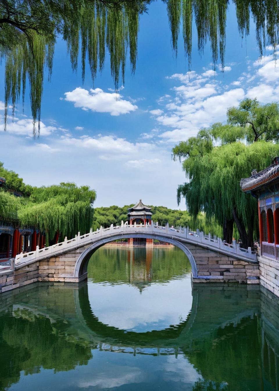 <lora:颐和园:1>,The Summer Palace,scenery,no humans,outdoors,sky,reflection,water,tree,architecture,bridge,blue sky,building,day,reflective water,river,window,east asian architecture,cloud,, masterpiece, best quality,