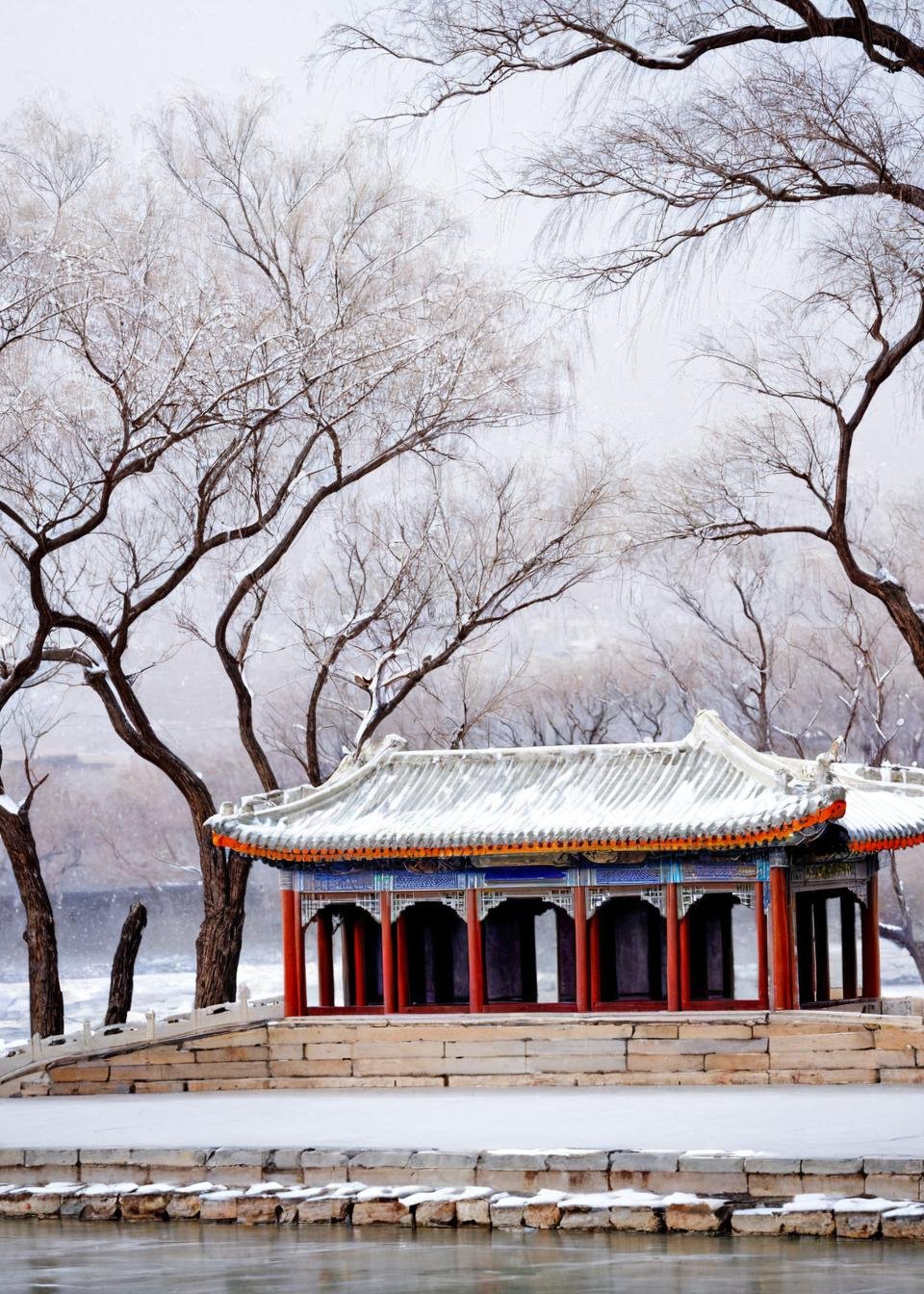 <lora:颐和园:1>,The Summer Palace, scenery, architecture, no humans, snow, tree, east asian architecture, outdoors, winter, building, bare tree, snowing, sky, traditional media, masterpiece, best quality,