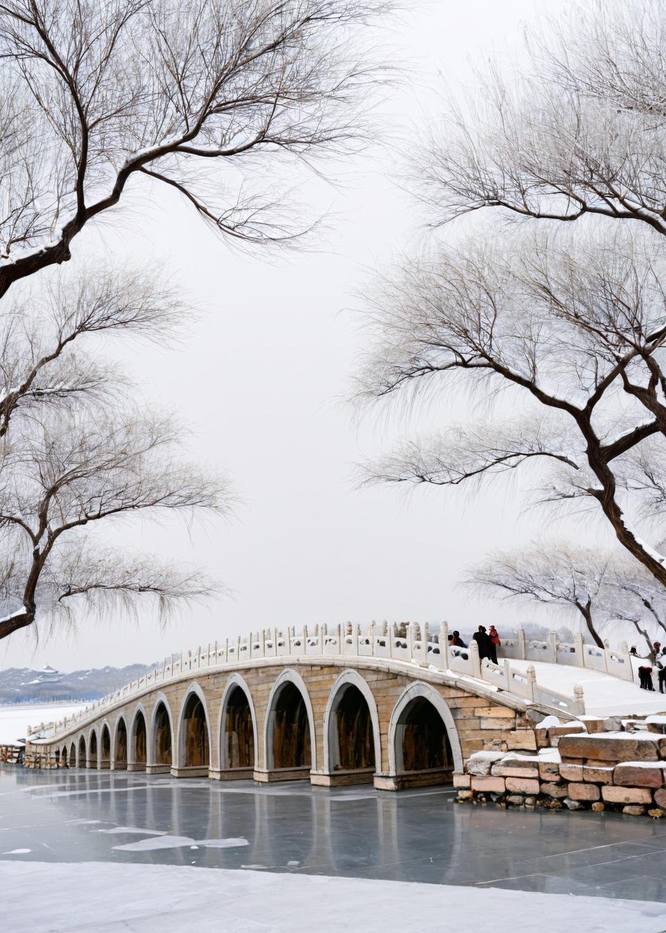 <lora:颐和园:1>,The Summer Palace, scenery, no humans, architecture, east asian architecture, tree, outdoors, snow, sky, building, very wide shot, bridge, watercraft, day, monochrome, winter, masterpiece, best quality,