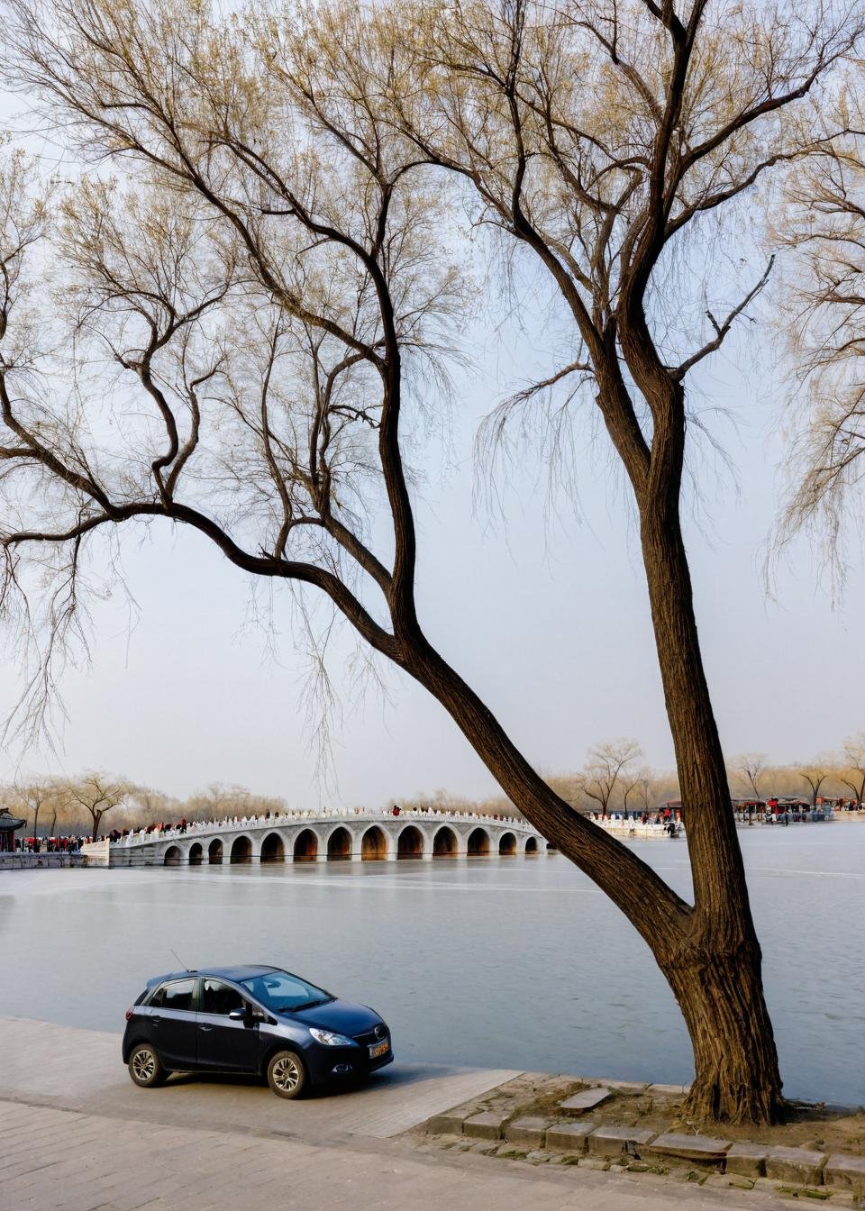 <lora:颐和园:1>,The Summer Palace, tree, scenery, bridge, outdoors, bare tree, multiple boys, car, ground vehicle, sky, motor vehicle, water, building, river, day, road, street, city, dutch angle, real world location, power lines, 6+boys, cloud, masterpiece, best quality,