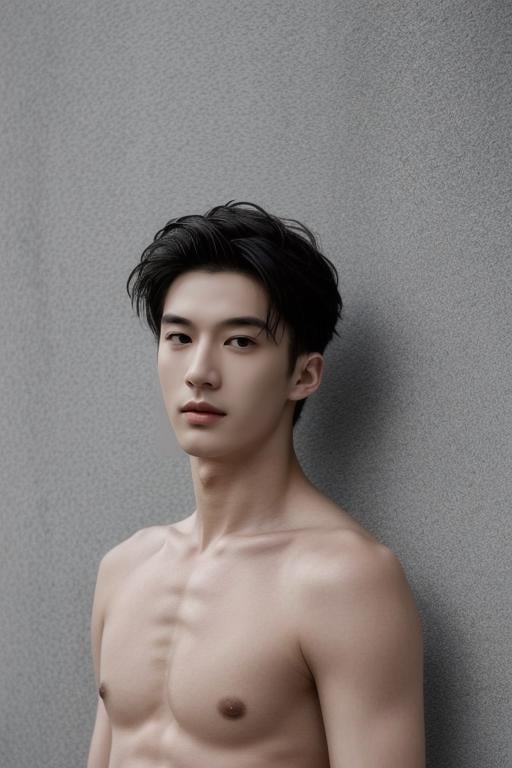 ((masterpiece)),((bestquality)),8k,high detailed,ultra-detailed,photography,award winning,documentary,Original Photo,Realisticity,solo,(1boy;1.4),a male,male focus,silm,Asian,handsome face,Well-Proportioned Hands,Real Skin Texture,White Marble Glowing Skin,model,thick eyebrows,(topless:1.4),(simple background:1.1),Cinematic Shot,<lora:add_detail:0.75>,04.人物_男性頭髮與穿著:男﷿:男下身04.人物_男性頭髮與穿著:男生頭髮08.人物_表情:笑系列@,MilanFashionWeek,Kay Nielsen,hard lighting,shadow,fashion pose,coutre-jour