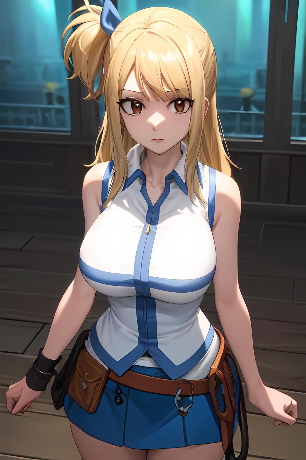 masterpiece, absurdres , (intricate details), (colorful),cinematic lighting,bust shot,extremely detailed CG unity 8k wallpaper,  <lora:lucyheartfilia-055555:1> lucyheartfilia, one side up,  white shirt, sleeveless, belt, blue skirt, brown boots, looking at viewer, belt