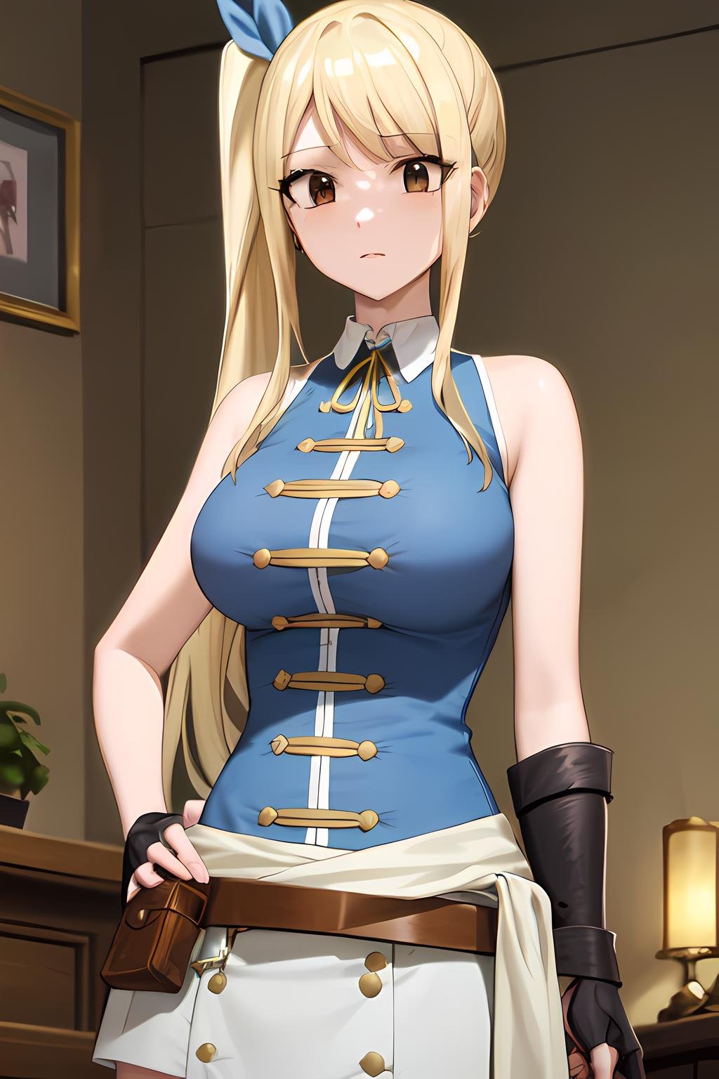 masterpiece, absurdres , (intricate details), (colorful),cinematic lighting,bust shot,extremely detailed CG unity 8k wallpaper,  <lora:lucyheartfilia-055555:1> lucyheartfilia, sleevles shirt, blue shirt, side ponytail, hair ribbon, bare shoulders, white skirt, brown thigh boots, belt, looking at viewer, 