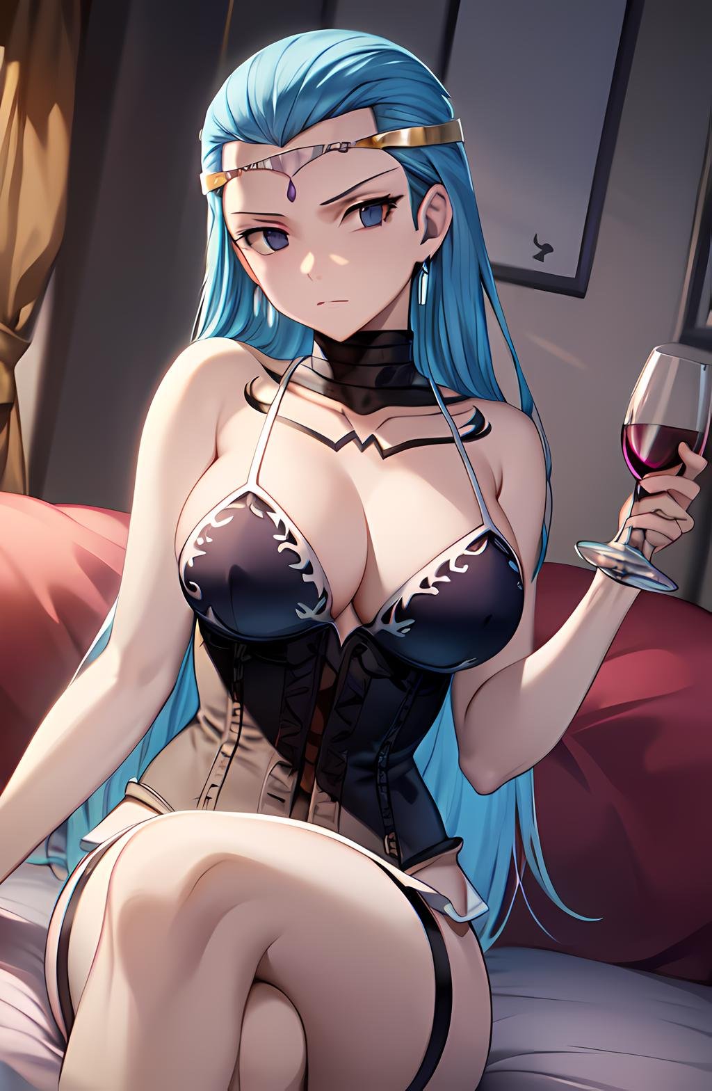 masterpiece, absurdres, (intricate details), (colorful),cinematic lighting,bust shot,extremely detailed CG unity 8k wallpaper, black corset, lingerie, garter straps,wine,looking at viewer, caustics, sitting, crossed legs, bed, window, <lora:aquarius-051111:1> aquariusft