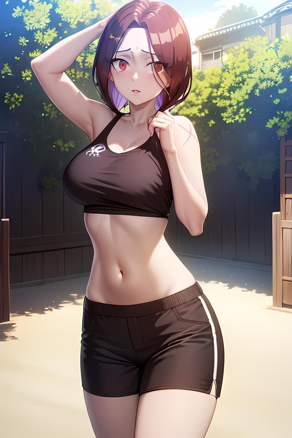 masterpiece, absurdres , (intricate details), (colorful),cinematic lighting,bust shot,extremely detailed CG unity 8k wallpaper, <lora:flare_corona-05:1> flarecorona, crop top, navel, shorts,exercise, outdoors,morning,day, sunlight, looking at viewer,