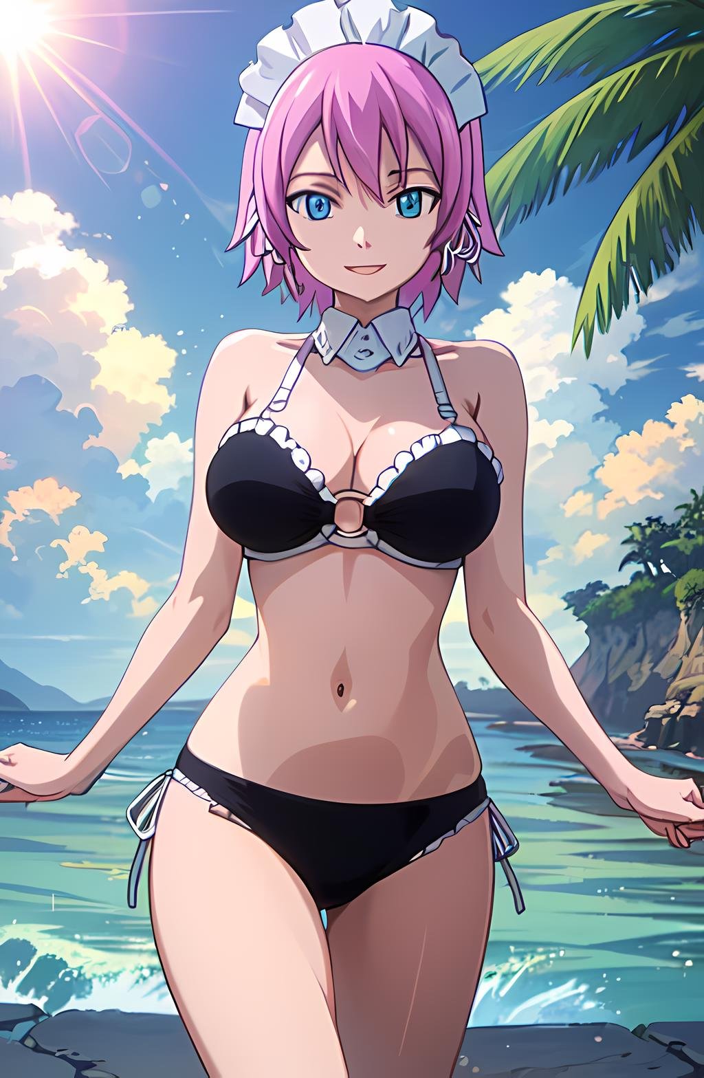 masterpiece, absurdres, (intricate details), (colorful),cinematic lighting,bust shot,extremely detailed CG unity 8k wallpaper, bikini, o-ring, beach, summer, sunlight, ocean,wind, cloudy sky, palm tree, smile, parted lips, looking at viewer, running,lens flare, <lora:virgo-052222:1> virgoft, maid headdress