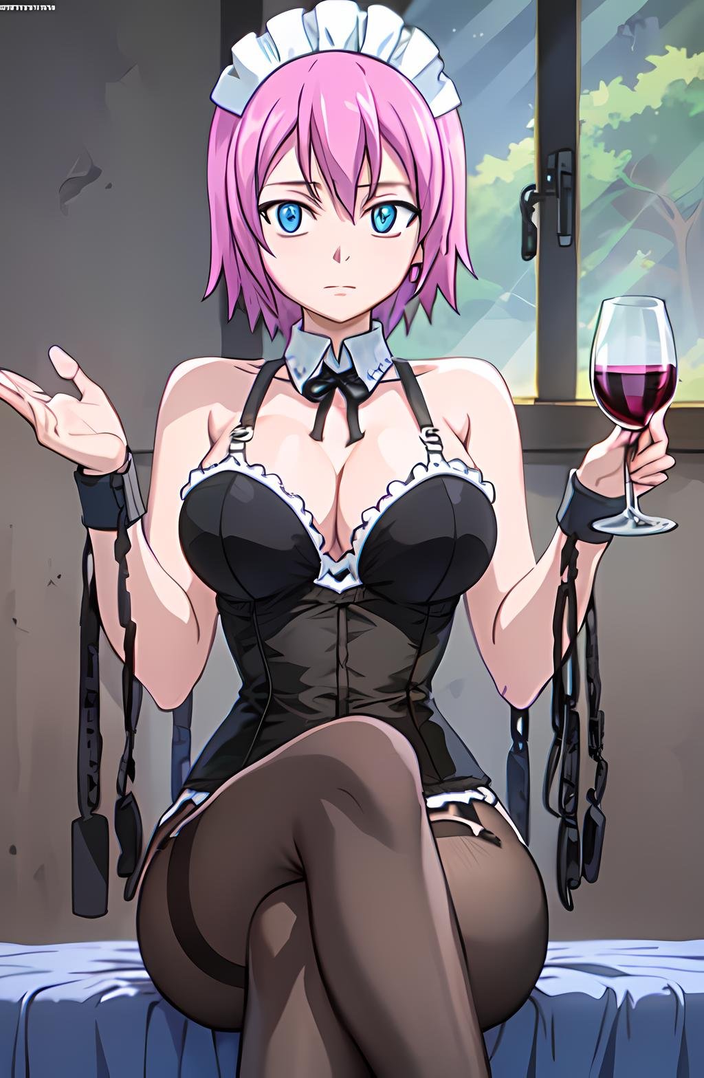 masterpiece, absurdres, (intricate details), (colorful),cinematic lighting,bust shot,extremely detailed CG unity 8k wallpaper, black corset, lingerie, garter straps,wine,looking at viewer, caustics, sitting, crossed legs, bed, window, <lora:virgo-052222:1> virgoft, maid headdress