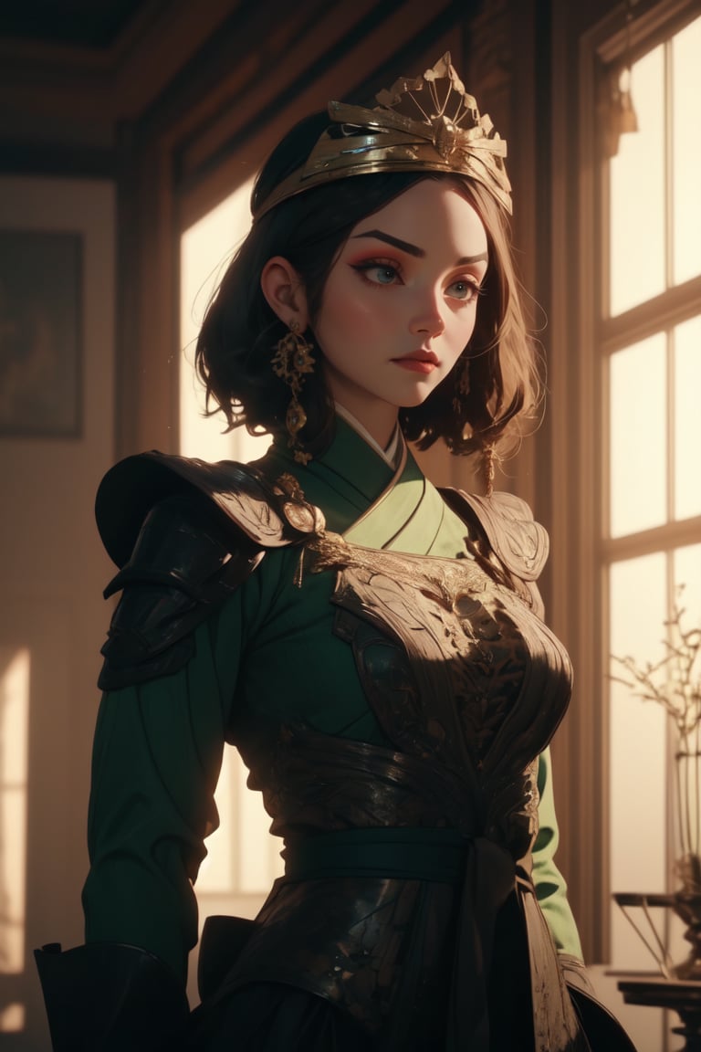 official art, unity 8k wallpaper, ultra detailed, beautiful and aesthetic, masterpiece, best quality, Surrealism, high detail, modern, motion blur, ray tracing, film grain, drop shadow, UHD, masterpiece, anatomically correct, super detail, 4K, suki, 1girl, makeup, japanese outfit, green suit, warrior, chest plate, gloves, shorthair, lipstic, black eyes, white makeup, hair accessories, armor, the scene is shot on 35mm film. The artist's style should be realistic and highly detailed, taking inspiration from the works of Victoria Frances and Nene Thomas. The resolution should be 4K or higher, by Artgerm, 4k, natural daylight, white head crown with full ornament, perfection, ultra high res,hijab wedding,freyana,suki