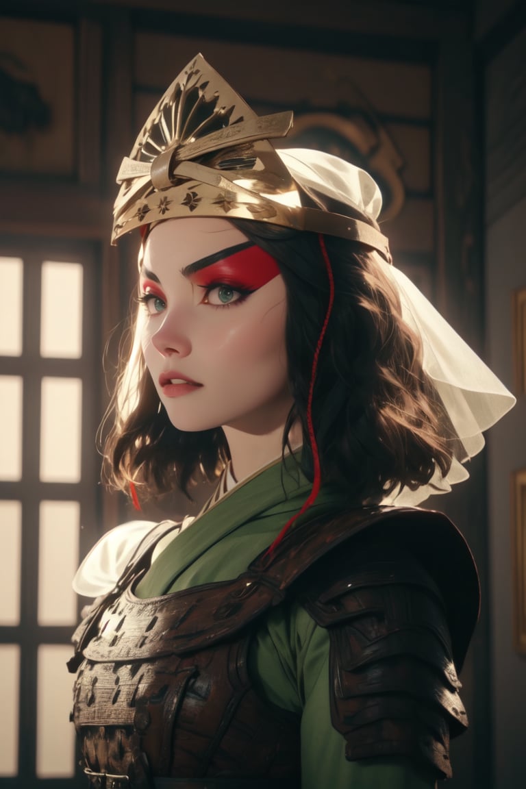 official art, unity 8k wallpaper, ultra detailed, beautiful and aesthetic, masterpiece, best quality, Surrealism, high detail, modern, motion blur, ray tracing, film grain, drop shadow, UHD, masterpiece, anatomically correct, super detail, 4K, suki, 1girl, makeup, japanese outfit, green suit, warrior, chest plate, gloves, shorthair, lipstic, black eyes, white makeup, hair accessories, armor, the scene is shot on 35mm film. The artist's style should be realistic and highly detailed, taking inspiration from the works of Victoria Frances and Nene Thomas. The resolution should be 4K or higher, by Artgerm, 4k, natural daylight, white head crown with full ornament, perfection, ultra high res,hijab wedding,freyana,suki