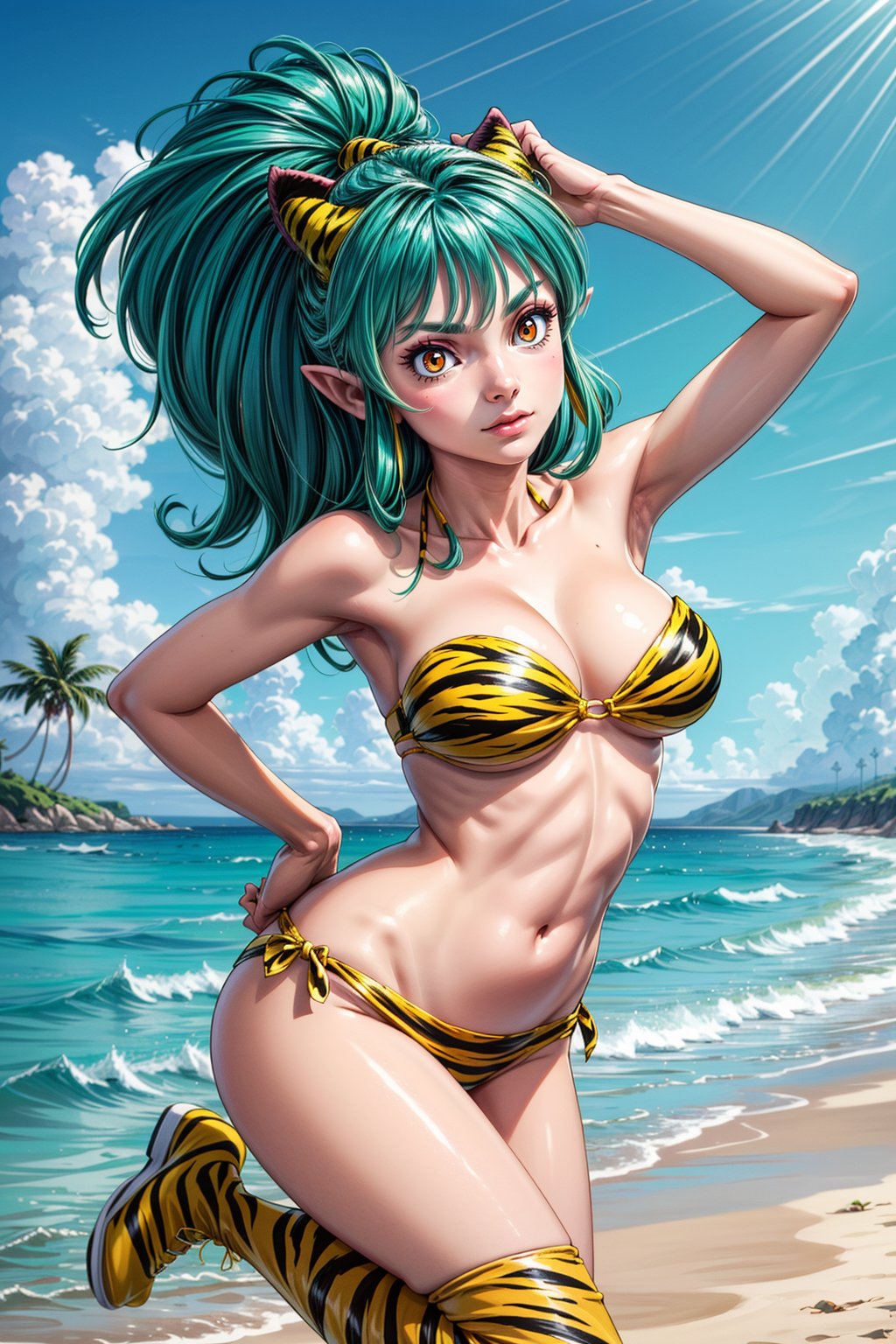 1girl, solo, long hair, breasts, looking at viewer, bangs, large breasts, navel, cleavage, standing, swimsuit, sidelocks, bikini, multicolored hair, boots, green hair, horns, pointy ears, orange eyes, strapless, aqua hair, floating hair, leg up, standing on one leg, knee boots, animal print, arm behind back, oni horns, oni, tiger print, holding hair, print bikini, yellow footwear, strapless bikini, lum,Urusei Yatsura,3D MODEL,<lora:EMS-179-EMS:0.900000>,<lora:EMS-305822-EMS:0.800000>