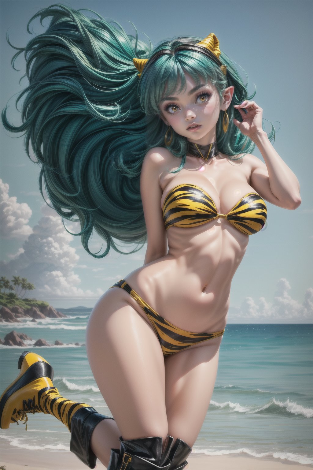 1girl, solo, long hair, breasts, looking at viewer, bangs, large breasts, navel, cleavage, standing, swimsuit, sidelocks, bikini, multicolored hair, boots, green hair, horns, pointy ears, orange eyes, strapless, aqua hair, floating hair, leg up, standing on one leg, knee boots, animal print, arm behind back, oni horns, oni, tiger print, holding hair, print bikini, yellow footwear, strapless bikini, lum,Urusei Yatsura,3D MODEL,<lora:EMS-305822-EMS:0.800000>,<lora:EMS-179-EMS:0.900000>