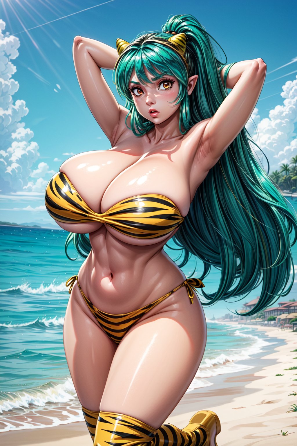 1girl, solo, long hair, breasts, looking at viewer, bangs, large breasts, navel, cleavage, standing, swimsuit, sidelocks, bikini, multicolored hair, boots, green hair, horns, pointy ears, orange eyes, strapless, aqua hair, floating hair, leg up, standing on one leg, knee boots, animal print, arm behind back, oni horns, oni, tiger print, holding hair, print bikini, yellow footwear, strapless bikini, lum,Urusei Yatsura,3D MODEL, pussy,<lora:EMS-179-EMS:0.900000>,<lora:EMS-305822-EMS:0.800000>,<lora:EMS-57215-EMS:0.800000>