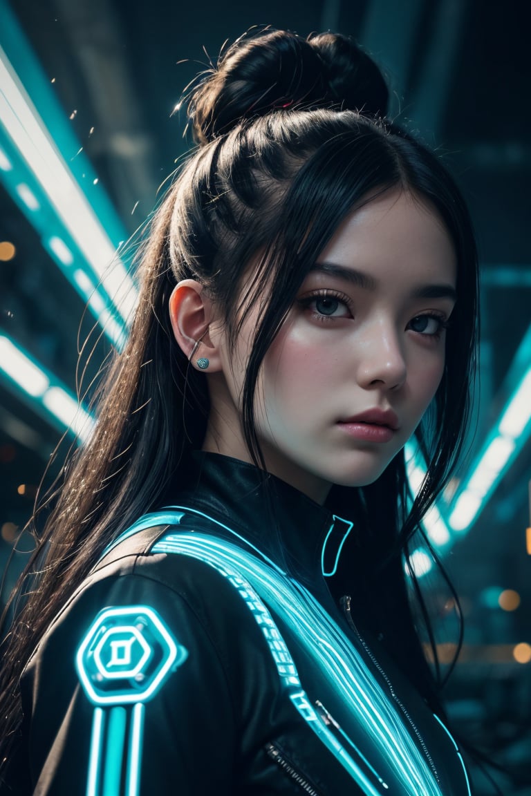 (best quality,8K,highres,masterpiece), ultra-detailed, (realistic portrait), cyberpunk woman adorned with long black hair fashioned into space buns. In this ethereal scene, she embodies the role of the goddess of horticulture, surrounded by millions of microscopic, ultra-bright blue neon strings emanating from her form. composition showcases a stunningly beautiful backlit silhouette, intricately detailed and adorned with neon clouds, creating a mesmerizing and vivid blue color palette,Realism