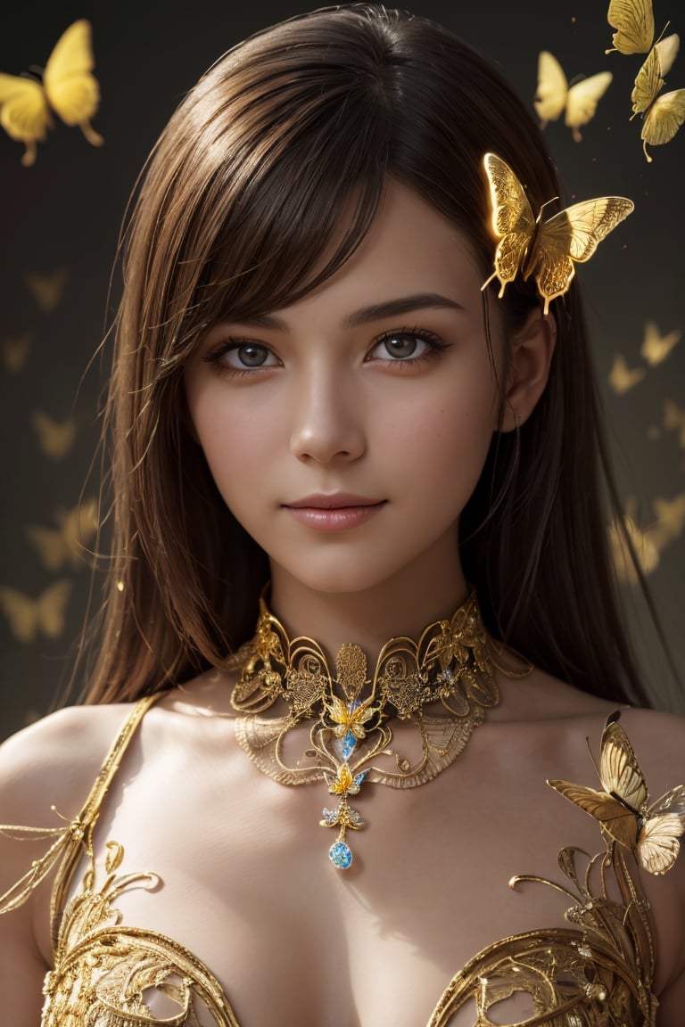best quality,8K,highres,masterpiece), ultra-detailed, (realistic portrait), (highly detailed, elegant) portrait that seamlessly combines elements of digital photography and surreal painting. The subject is a beautiful cyborg with (intricate, majestic) features and brown hair. cute smile, Her cybernetic enhancements are adorned with a (golden butterfly filigree) that adds an element of mystique. The scene is set against a backdrop of (broken glass), creating a unique and captivating blend of beauty and surrealism.