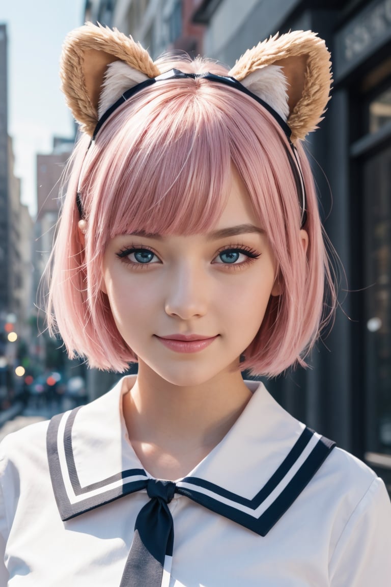 best quality,8K,highres,masterpiece), ultra-detailed, (realistic portrait), 1girl, solo, cute smile, pink hair, animal ears, blue eyes, wings, looking at viewer, bangs, short hair, bow, sailor collar, white sailor collar, hair bow, pink bow, closed mouth, shirt, white shirt, bear ears, bob cut, mini wings, portrait, detached wings, makeup, upper body, city in background