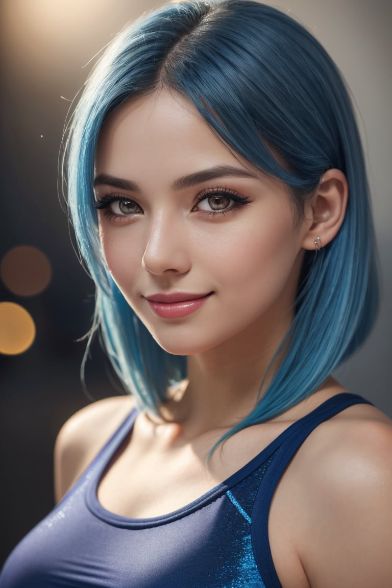 (best quality,8K,highres,masterpiece), ultra-detailed, (realistic portrait), woman,smiling,blue hair,gym clothes,(best quality,highres:1.2),(vivid colors,colorful:1.1),(bokeh), (portraits),(studio lighting),(ultra-fine painting),(sharp focus),(extremely detailed eyes and face), (detailed lips),(beautiful detailed eyes),(long eyelashes)