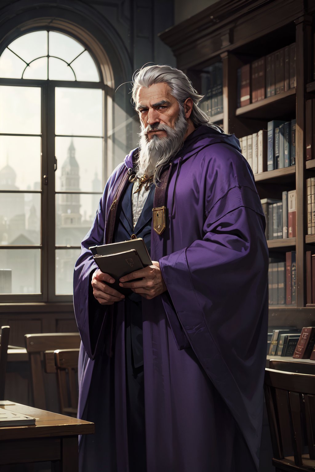 cowboy shot of old wizard, grey hair, beard, purple robe, library, window