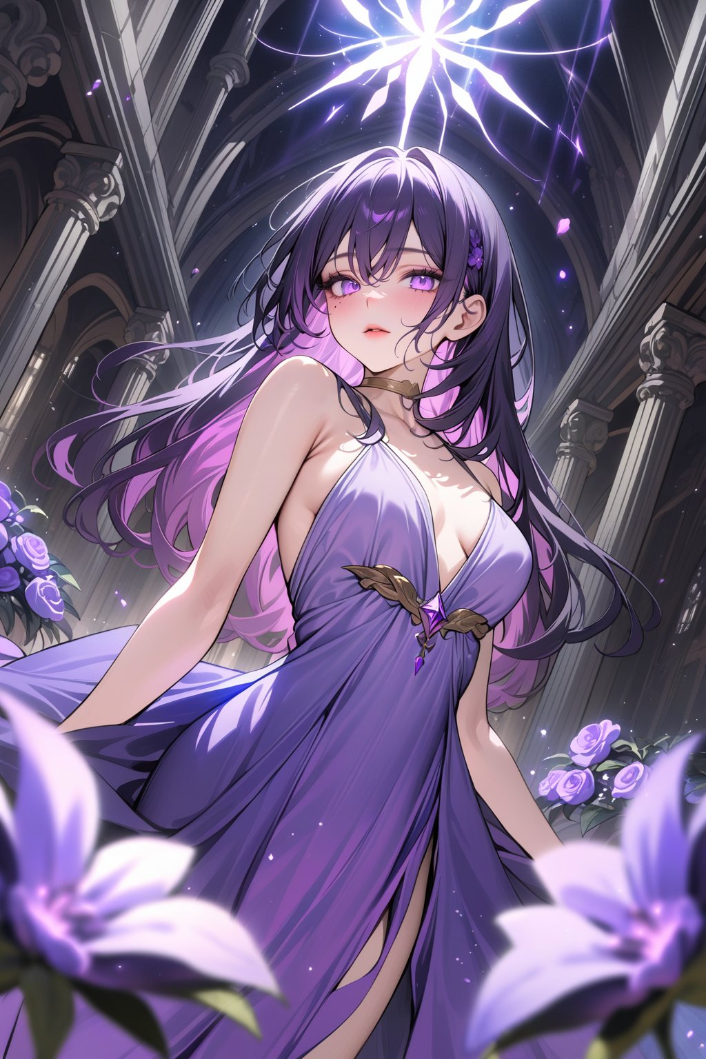 ((masterpiece, best quality, newest)), 1girl, solo, long hair, looking at viewer, bangs, black hair, hair between eyes, purple eyes, pink hair, purple hair, multicolored hair, pink eyes, mole, lips, eyelashes, mole under eye, portrait, ((purple crystal floors)). ((depth of field:1.2)), ((purple crystal indoors:1.3)), fantasy, scenary, purple light orbs, ((purple luminescent flowers:1.4)), petals, purple dress, 30 years old, ((cowboy shot:1.5)), ((godly perspective, dynamic angle:1.34))