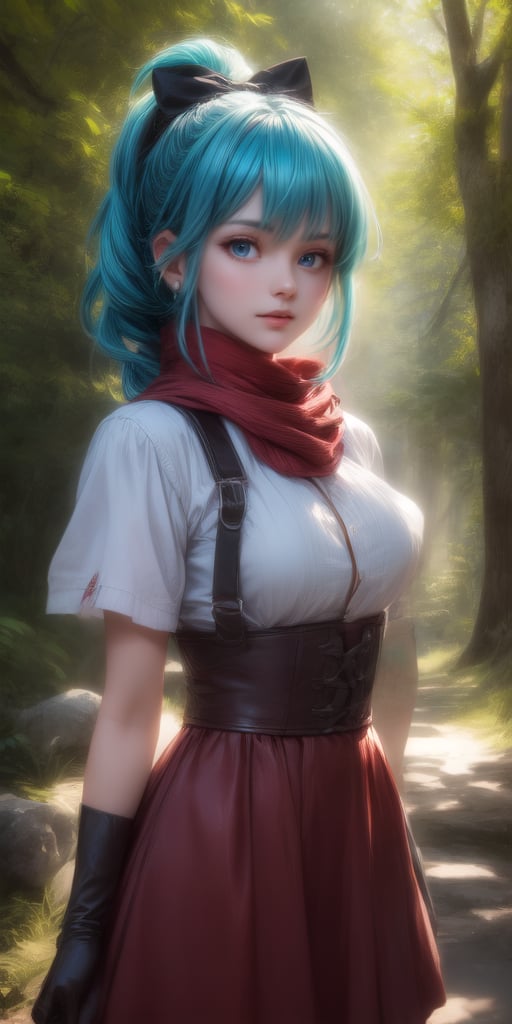 bulma, 1girl, solo, blue eyes, blue hair, aqua hair, single braid, braided ponytail, hair ribbon, red ribbon, hair bow, earrings, short dress, pink dress, vertical-striped dress, short sleeves, belt, clothes writing, brown gloves, single glove, purple scarf, smile,closed mouth,cowboy shot,forest,outdoor,(insanely detailed, beautiful detailed face, masterpiece, best quality) cinematic lighting,, ,xudy