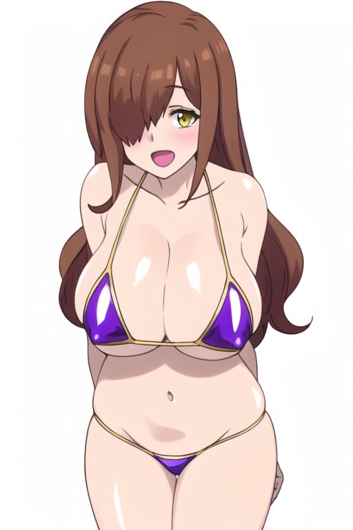 1girl

solo

long hair

breasts

looking at viewer

blush

smile

open mouth

large breasts


brown hair


yellow eyes


yellow eyes


hair over one eye


((standing))

whole body

shiny hair,

shiny body

bikini 
beach

palms

