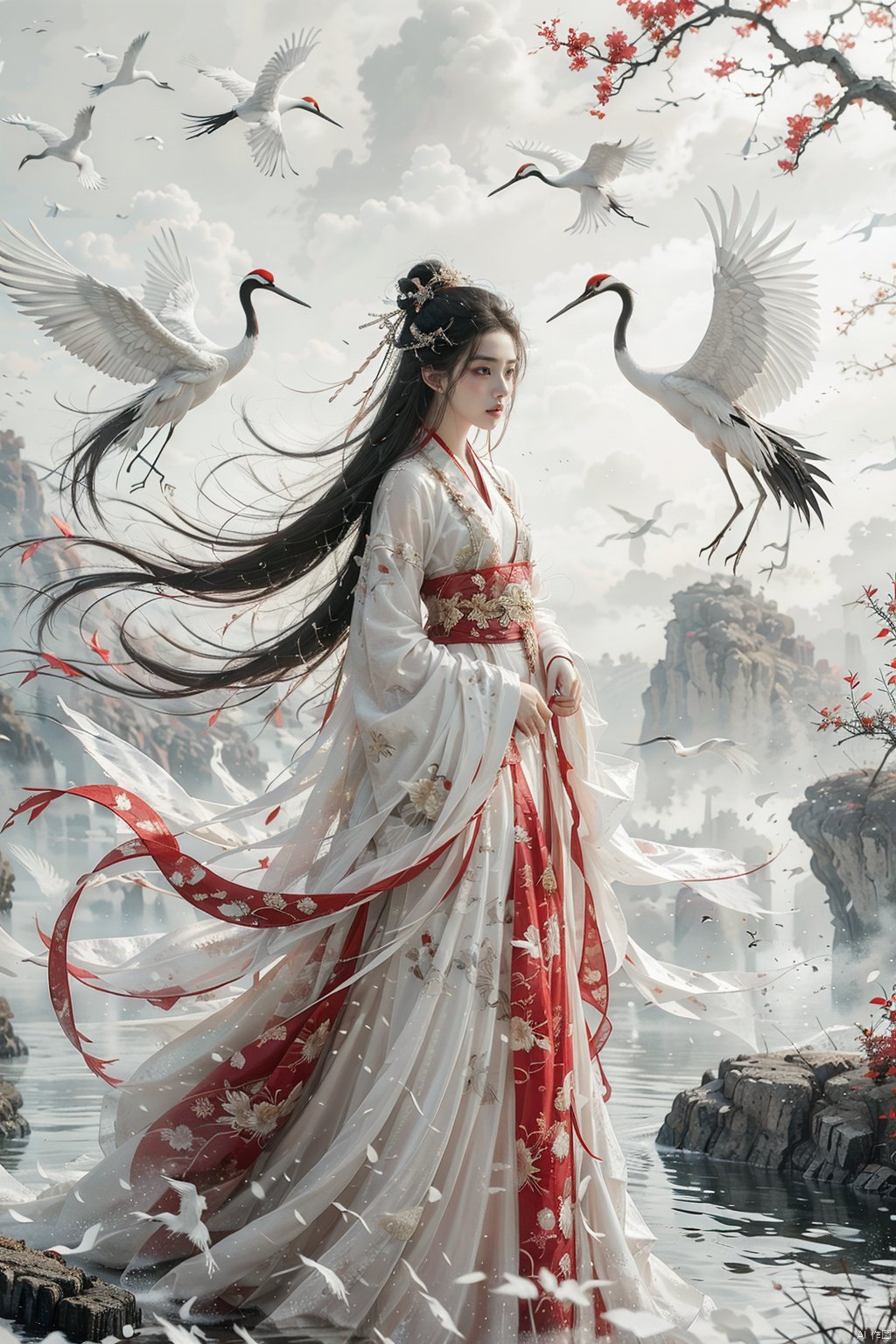  a girl,xianjing,hanfu,crane,full body