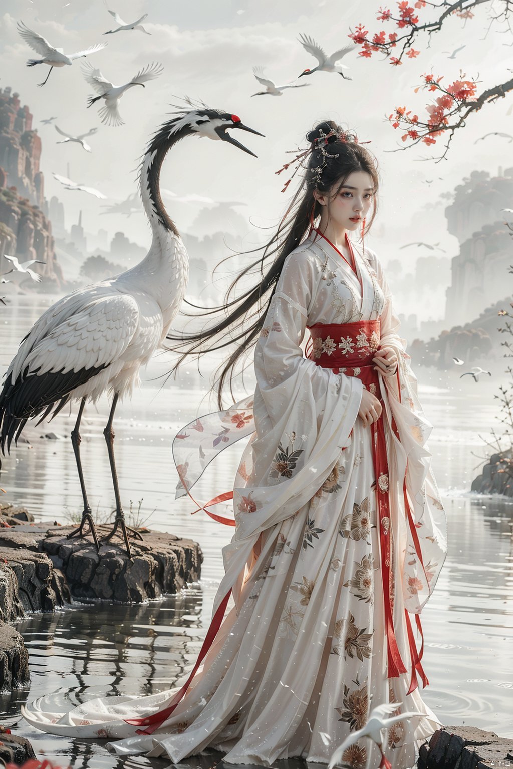  a girl,xianjing,hanfu,crane,full body