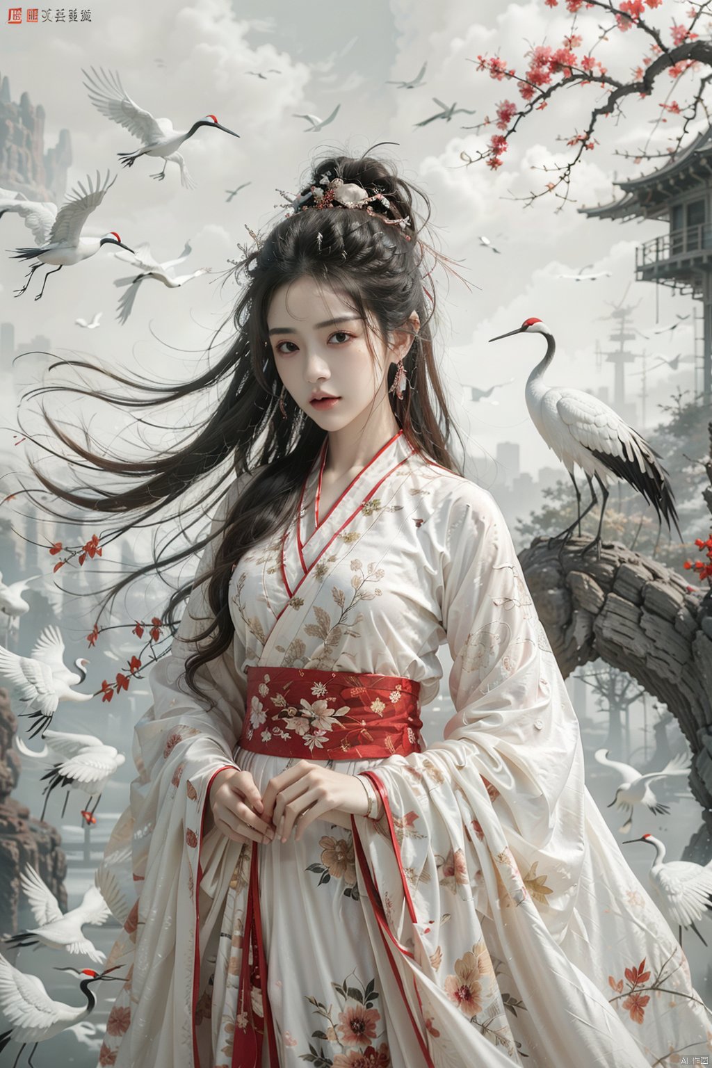  a girl,xianjing,hanfu,crane,upper body