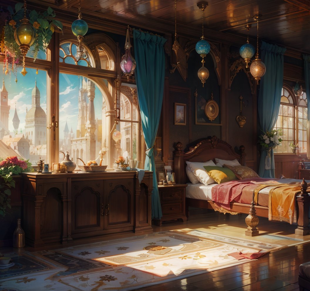 room interior, winfow, day at the window, detailed, fantasy style, emeraldgemstyle  