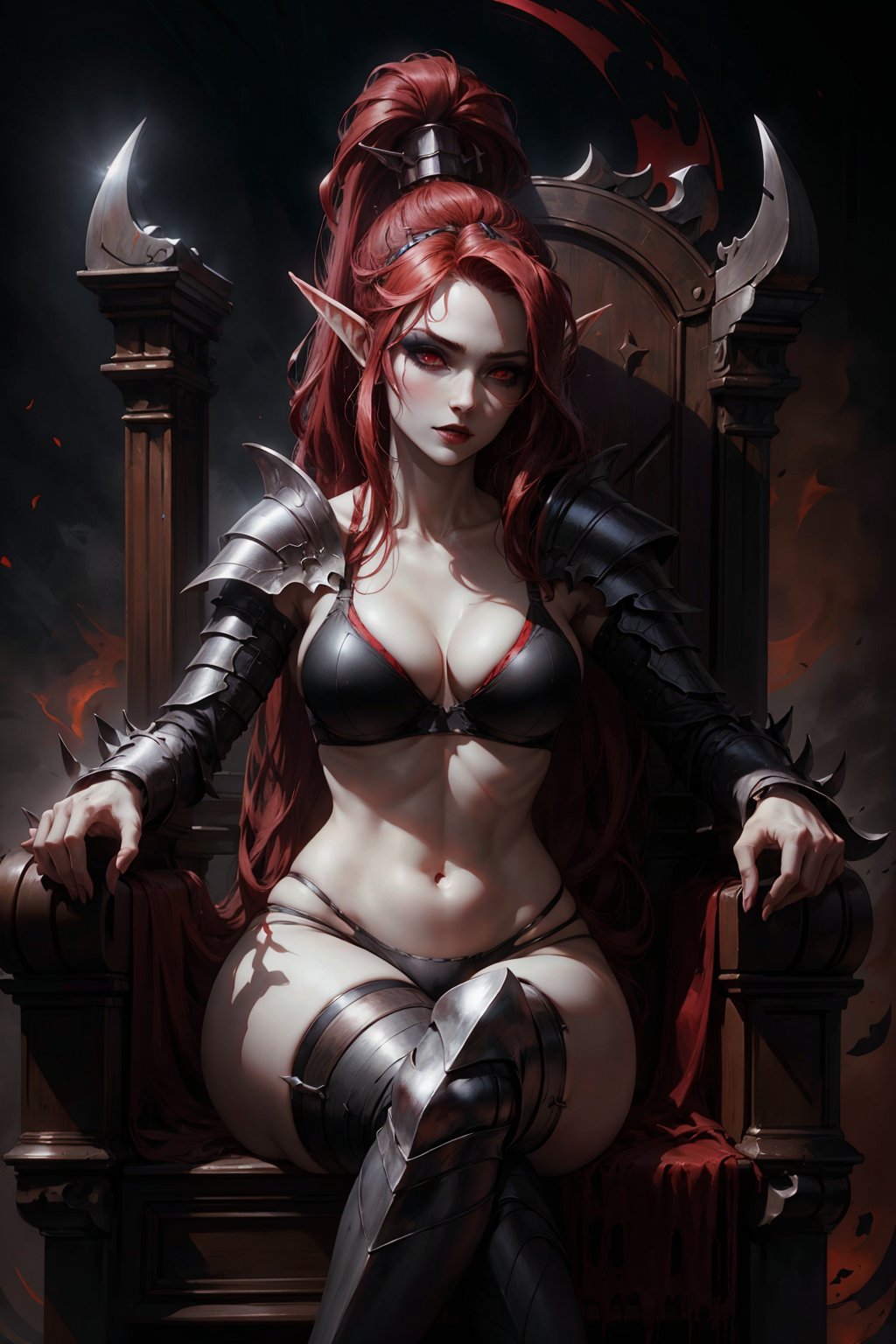 (high quality, best quality),1girl, pale skin, white skin,LelithHesperax, long hair, red hair, ponytail, hair ornament, pointy ears, red eyes, makeup, eyeshadow, black bra, panties, sitting on a throne, thighhigh armor, dark background, <lora:Lelith_Hesperax__Warhammer_40k-000010:0.7>