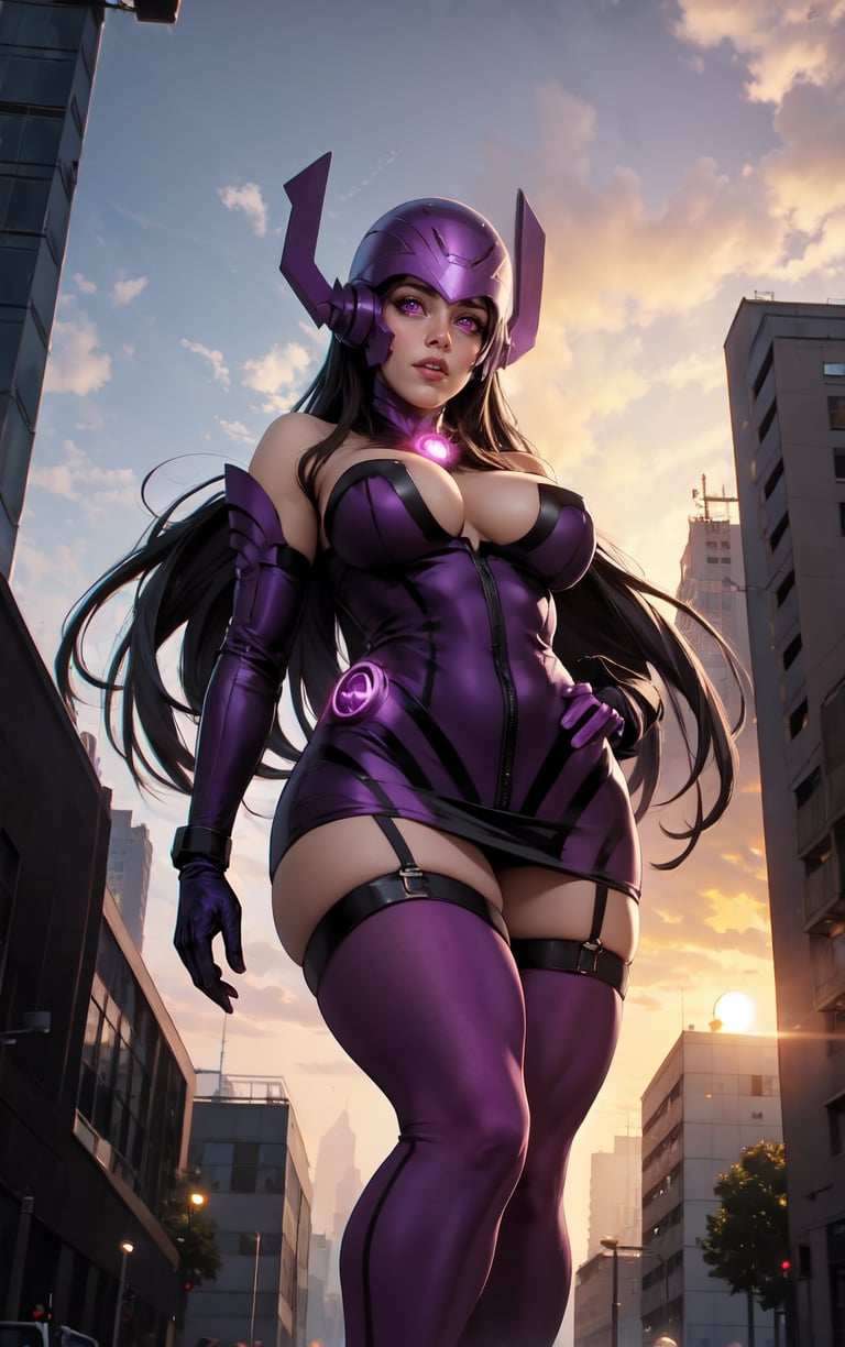 MARVEL_Galacta_daughterofgalactus_ownwaifu,1girl, long hair, black hair, purple eyes, lips, nose, helmet, mask, makeup, lipstick, giant, giantess, animification, personification, glowing, glowing eyes,  large breasts, breasts, cleavage, bare shoulders,  elbow gloves, gloves, purple gloves, bodysuit, purple bodysuit, thighhighs, purple thighhighs, strapless dress, short dress, strapless, detached collar, zettai ryouiki,<lora:MARVEL_Galacta_daughterofgalactus_ownwaifu:0.7>,((masterpiece)),((best quality)),(highres, absurdres), original, official_art, chromatic_aberration, bokeh, depth_of_field, sky, sunset, outdoors,   focused, looking at viewer, solo, from below, building, destruction, 