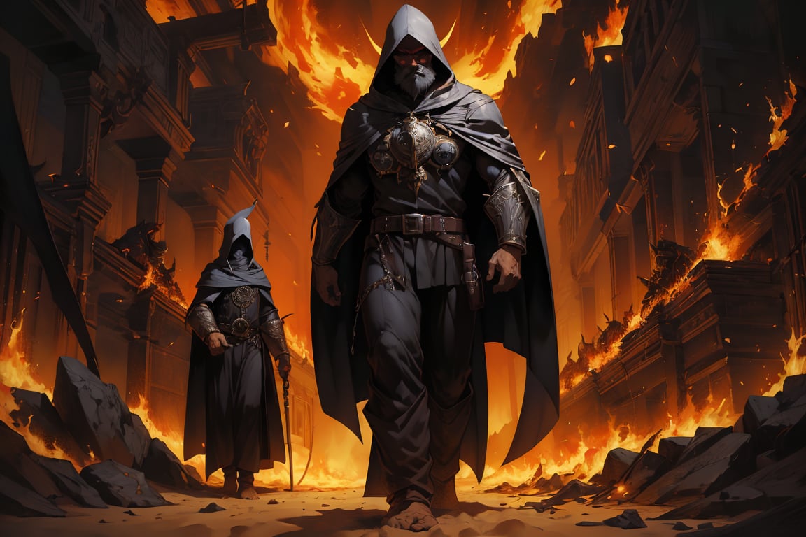 (masterpiece, best quality, absurdres, 4k, aesthetic, detailed, intricate), a man that is standing in the sand, by Andreas Rocha, fantasy art, evil steampunk pyromancer woman, hooded cloaked sith lord, epic sandstorm battle, walking out of flames, epic fantasy card game art, andreas rocha style, black - haired mage, mage the ascension, hellfire background, detailed face, dark beard,nodf_lora