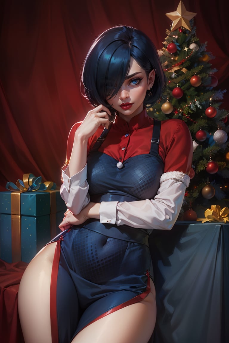 1girl, black hair, black colored hair, short hair, hair covering one eye:1.2, (blue eyes, shining blue eyes:1.3), red christmas dress clothes, realistic, christmas tree background 