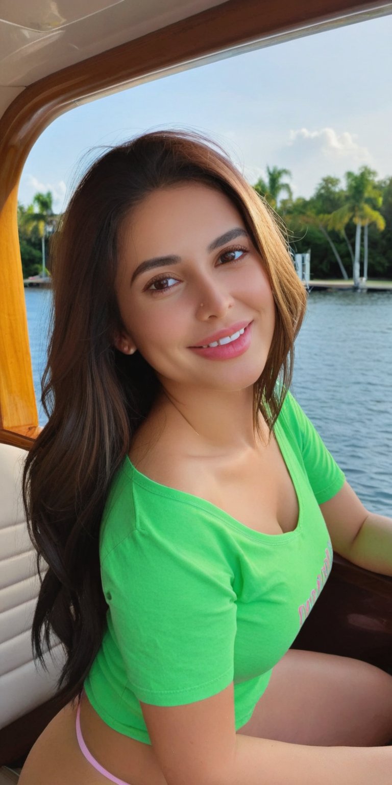 create photo realistic women flirting with viewer using her eyes and smile.long dark chestnut hair, fit hair,green t=shirt, huge breast , hourglass body, upper body,light brown eyes, pink chubby lips. sitting on the boat at the lake , beautiful view.
,Latina,photo r3al