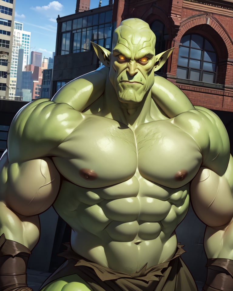 MonsB,yellow eyes,bald,muscular,pointy ears,green skin,topless male,loincloth,smirk,standing,upper body,city,morning,(insanely detailed, beautiful detailed face,beautiful detailed eyes, masterpiece, best quality),solo,<lora:Monster:0.8>,
