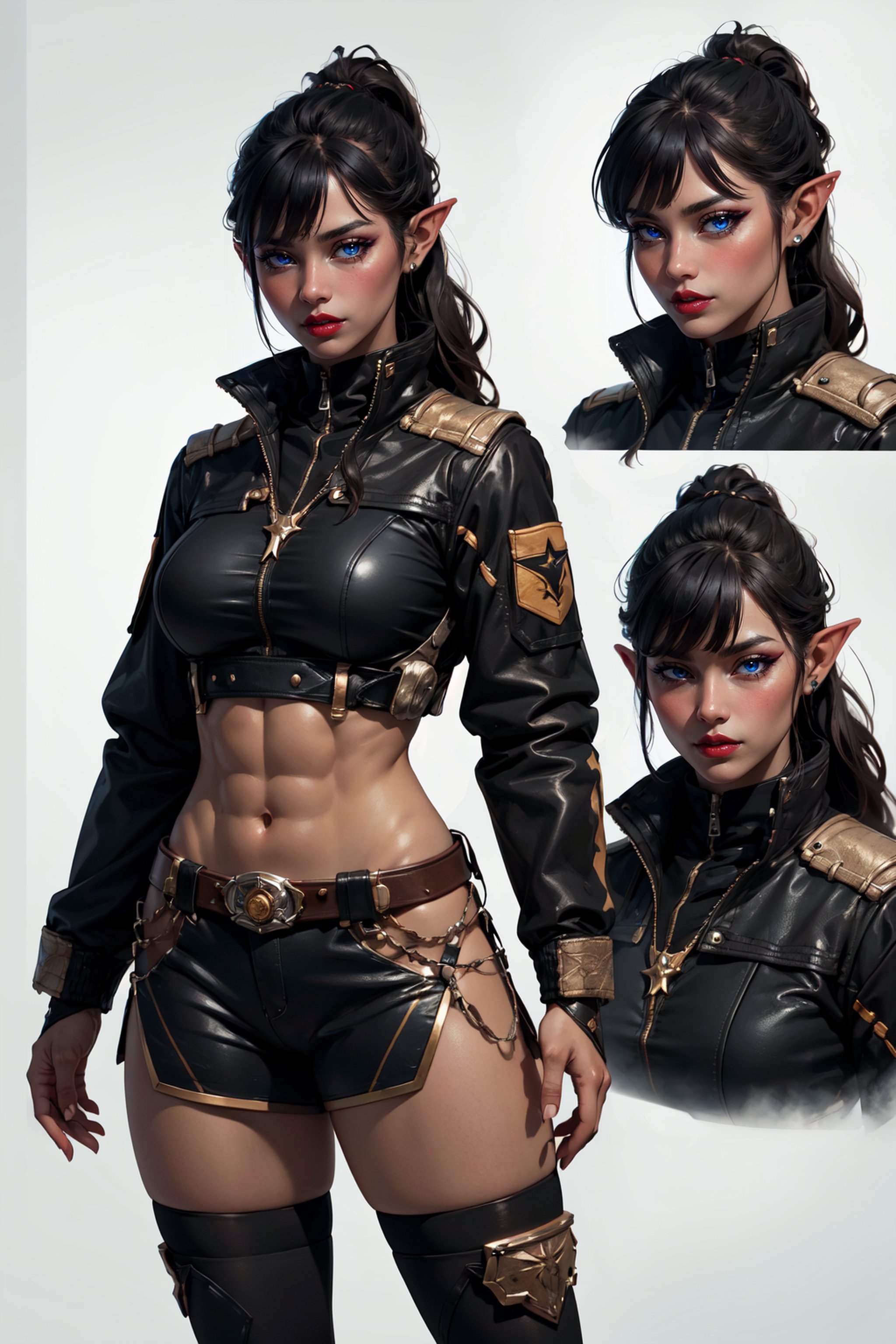 (CharacterSheet:1), 1girl, mature woman, fantasy, (black hair, long hair, blunt bangs, ponytail, fantasy black uniform, black thighhighs, skinny, pilot jacket), huge breasts, dark skin, abs, pointy ears, fight pose, (multiple views, full body, upper body, reference sheet:1), (simple background, white background), (masterpiece:1.2), (best quality, highest quality), (ultra detailed), (8k, 4k, intricate),(full-body-shot), (Cowboy-shot:1.4), (50mm), (highly detailed:1.2),(detailed face:1.2), detailed_eyes,(gradients),(ambient light:1.3),(cinematic composition:1.3),(HDR:1),Accent Lighting,extremely detailed,original, highres,(perfect_anatomy:1.2), <lora:CharacterDesign_Concept:0.5>