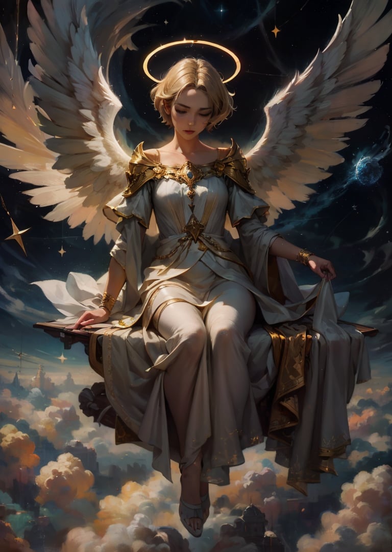 masterpiece, detailed, beautiful, oil painting, 1girl, angel, large angel wings, halo, white fabric, floating in the air, in the sky, transfiguration, heavenly enlightenment, clouds, romantic, magical, fantasy, falling star, astral BREAK short blonde hair, laced hair  
