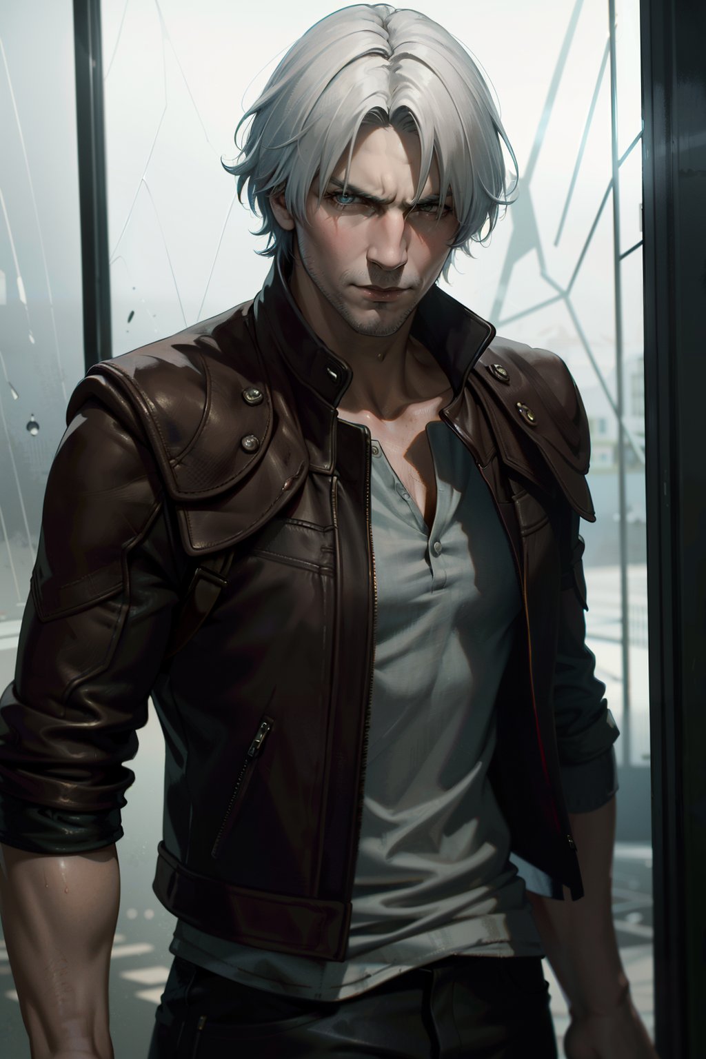 ((ultra detailed, masterpiece, absurdres))<lora:DMC5Dante:0.9>DMC5Dante, 1boy, solo, short hair, white hair, Vintage car garage, classic car backdrop, standing, rolled-up sleeves, mechanic vibe