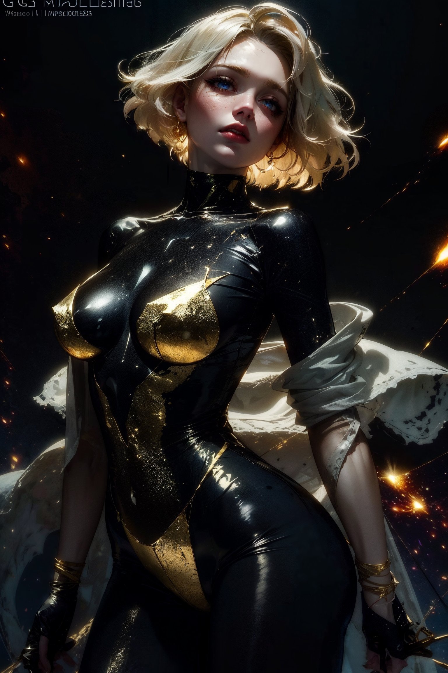 (masterpiece, best quality, ultra-detailed:1.2), 1girl, perfect curves, (g0ld3mb, gold:1.1), (glimmering galaxy bodysuit:1.1), short blonde hair, laced hair, wrapped in white silk, red background  <lora:tools/epiNoiseoffset_v2> <lora:freckledvixon_gold_leaf_style_v1.0:1:LBW=0,0,0,0,0,0,0,1,1,1,1,1,0,0,0,0,0;>