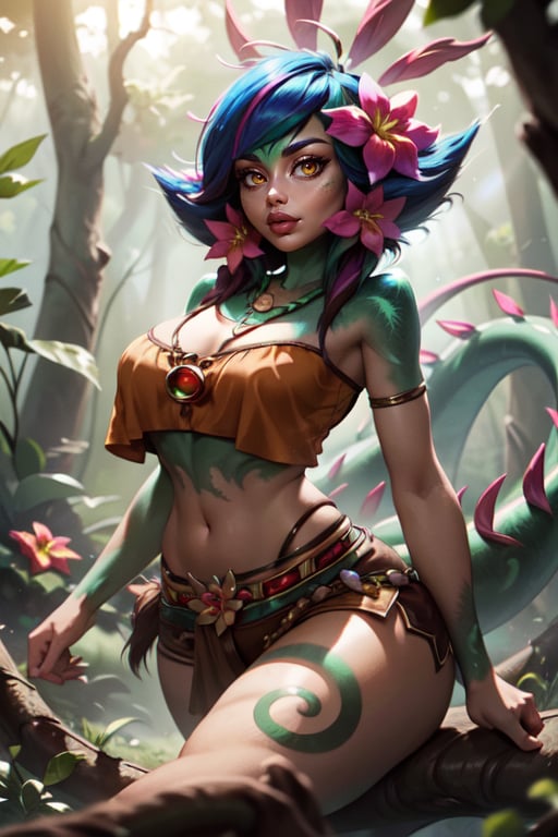 lowland forest, opulent, 4k resolution, waist-up photoshoot<lora:neeko-nvwls-v2:1> neeko, facial marks, hair ornaments, hair flower, necklace, brown shorts, crop top, lizard tail<lora:slim_thick:0.85> slim_thick