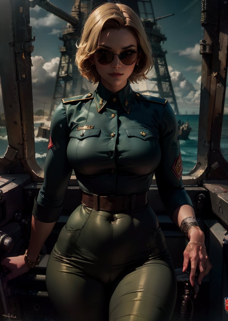 (masterpiece, best quality, ultra-detailed:1.3), perfect female body, narrow waist, perfect curves, ocean, clouds, 1girl, looking at viewer, (intricate detail, sexy, cool, alluring), military uniform, green pants, (soviet poster:1.1), round sunglasses, smirk BREAK short blonde hair  