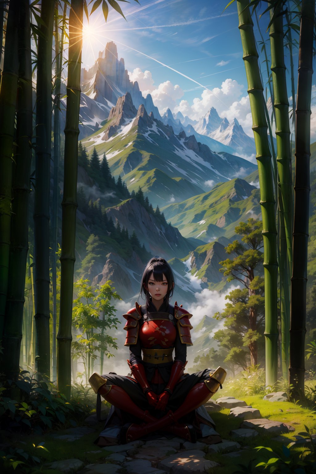 1girl, fullbody, sitting, slim, (bamboo trees), kabuto, red samurai armor, misty air, strong sunlight, mossy path, mountain village, huge weapon, mountain top scenery,