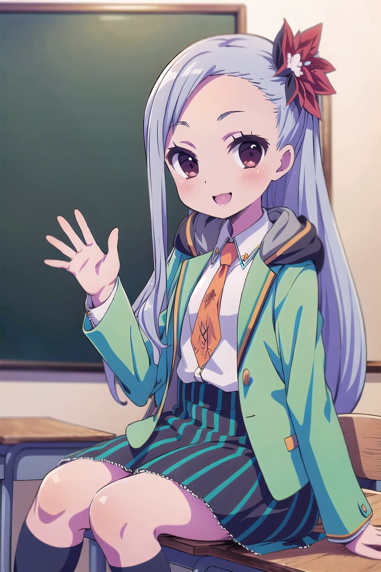 Masterpiece,Best  Quality, High Quality,  (Sharp Picture Quality), Light purple hair, long hair,Red flower hair ornament, blue -green jacket, orange tie,White blouse, school uniform,Skirt with green and black vertical stripes,frills,School classroom, blackboard, sitting, beautiful landscape,alone,best smile,waving hand,