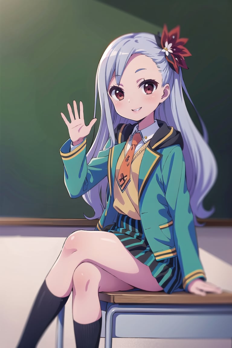 Masterpiece,Best  Quality, High Quality,  (Sharp Picture Quality), Light purple hair, long hair,Red flower hair ornament, blue -green jacket, orange tie, school uniform,Skirt with green and black vertical stripes,School classroom, blackboard, sitting, beautiful landscape,alone,best smile,waving hand,