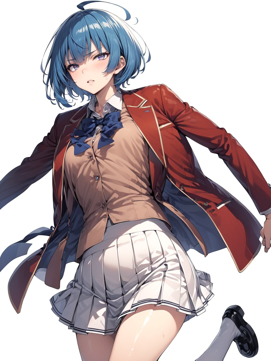 //Quality,
masterpiece, best quality, detailed
,//Character,
,IbukiMio, 1girl, solo, breasts, short hair, bangs, blue eyes, blue hair, purple eyes, ahoge, shiny hair
,//Fashion,
school uniform, red jacket, open clothes, blue bow, white shirt, collared shirt, pleated skirt, white skirt, black footwear, white socks
,//Background,
simple background, white background, 
,//Others,
standing