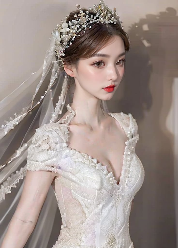 (one girl, solo:1.7), beautiful female bride, long haircut, (deep v, cleavage:1.2), (slim waistline:1.2), (charming, sexy:1.2), (stilettos:1.4), (bridal:1.3), (white ball gowns dress:1.4),  touched face, possessing a great temperament and a charming haircut, (indoor, luxury :1.2), (rich color, low contrast), masterpiece, high quality, real world, detail, (close shot, looking at viewer:1.6), (real skin, thin eyebrows:1.5)