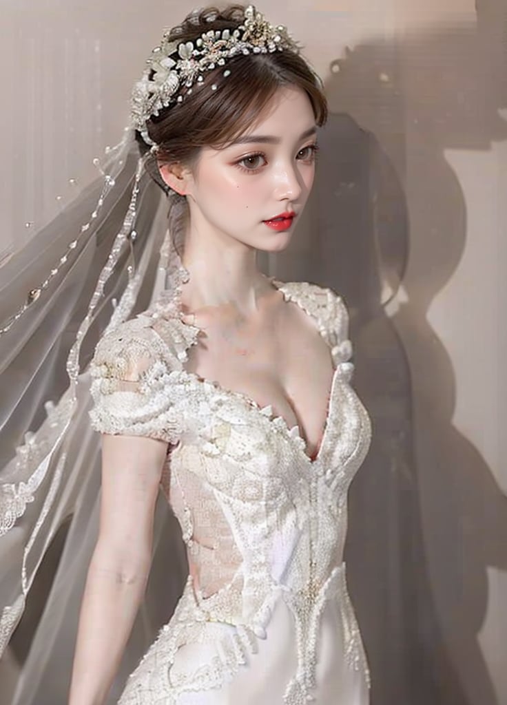 (one girl, solo:1.7), beautiful female bride, long haircut, (deep v, cleavage:1.2), (slim waistline:1.2), (charming, sexy:1.2), (stilettos:1.4), (bridal:1.3), (white ball gowns dress:1.4),  touched face, possessing a great temperament and a charming haircut, (indoor, luxury :1.2), (rich color, low contrast), masterpiece, high quality, real world, detail, (close shot, looking at viewer:1.6), (real skin, thin eyebrows:1.5)