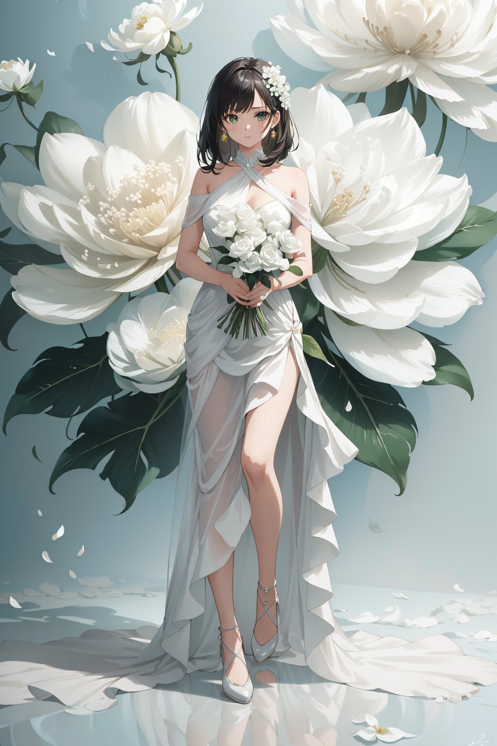 8k, Best Quality, Masterpiece,Super Detail,High sense photo, ((1girl)), full body, looking at viewer,  floral dress, simple background, flower, signature, blood, white flower, green background, bouquet, still life  <lora:floral dress:1.4>