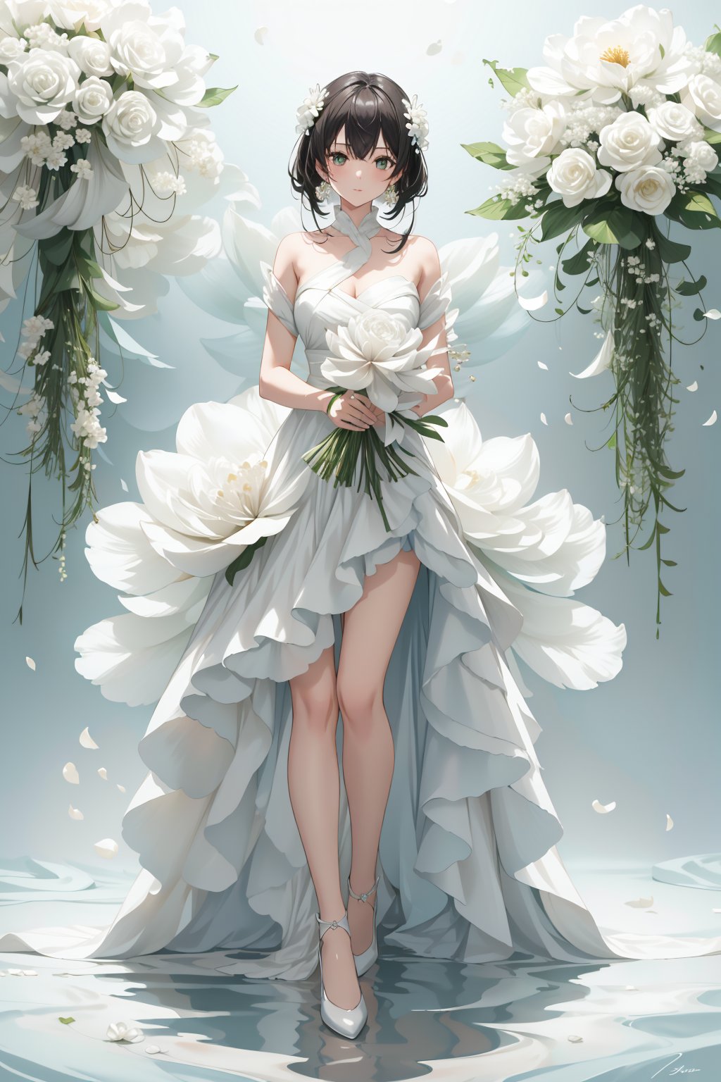 8k, Best Quality, Masterpiece,Super Detail,High sense photo, ((1girl)), full body, looking at viewer,  floral dress, simple background, flower, signature, blood, white flower, green background, bouquet, still life  <lora:floral dress:1.4>