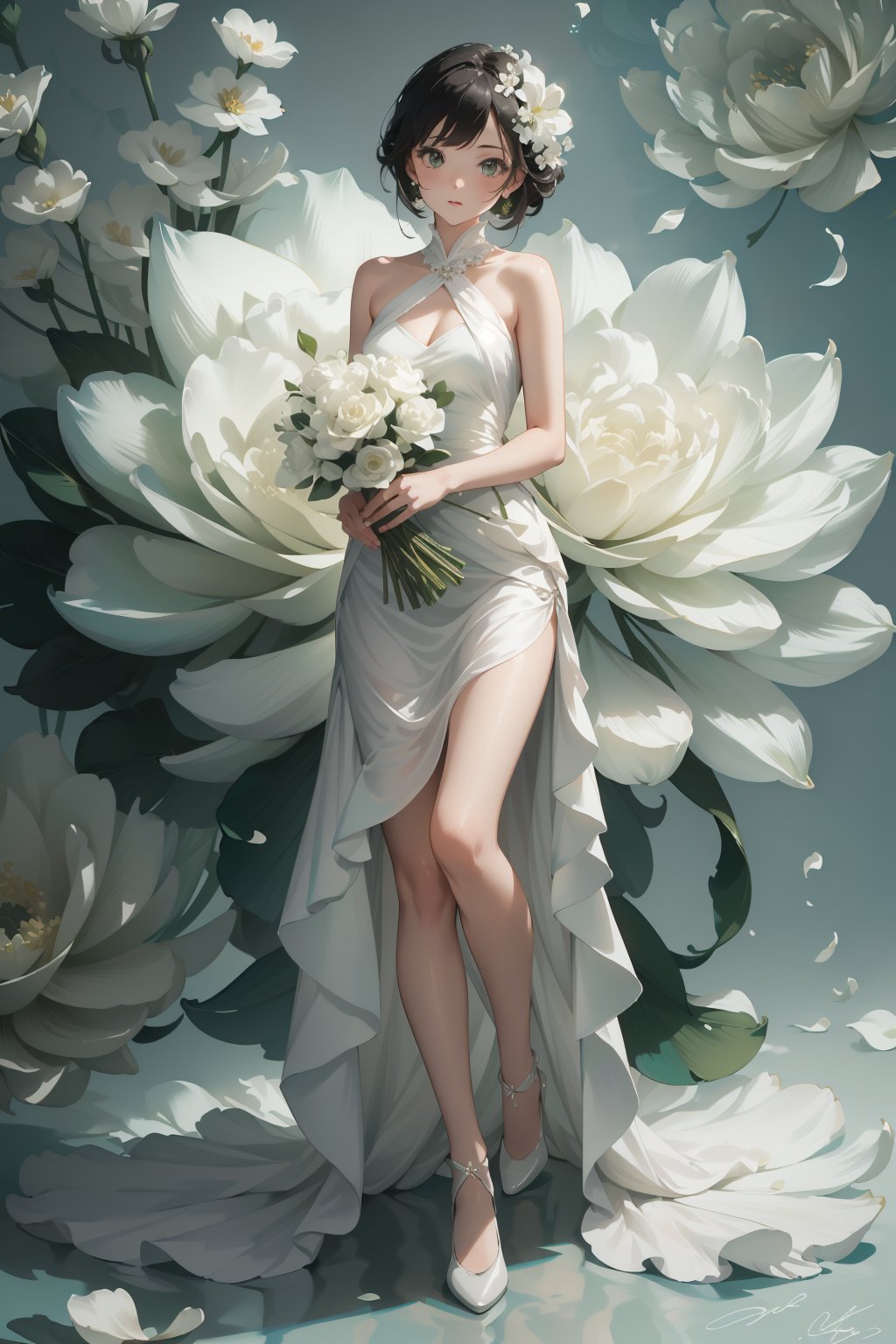 8k, Best Quality, Masterpiece,Super Detail,High sense photo, ((1girl)), full body, looking at viewer,  floral dress, simple background, flower, signature, blood, white flower, green background, bouquet, still life  <lora:floral dress:1.4>